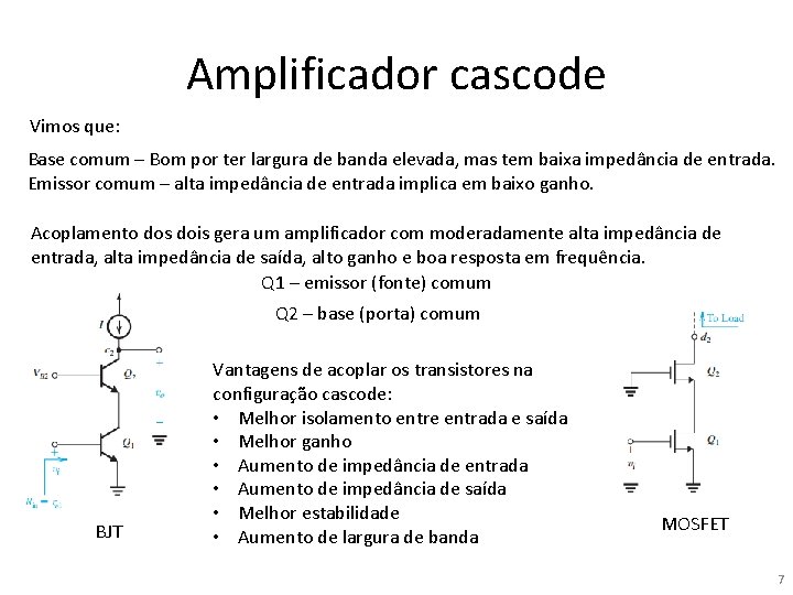Amplificador cascode Vimos que: Base comum – Bom por ter largura de banda elevada,