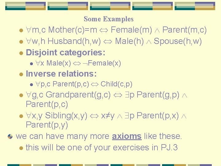 Some Examples m, c Mother(c)=m Female(m) Parent(m, c) l w, h Husband(h, w) Male(h)