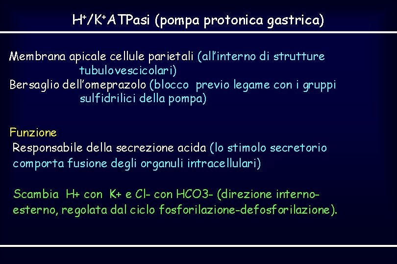 H+/K+ATPasi (pompa protonica gastrica) Membrana apicale cellule parietali (all’interno di strutture tubulovescicolari) Bersaglio dell’omeprazolo