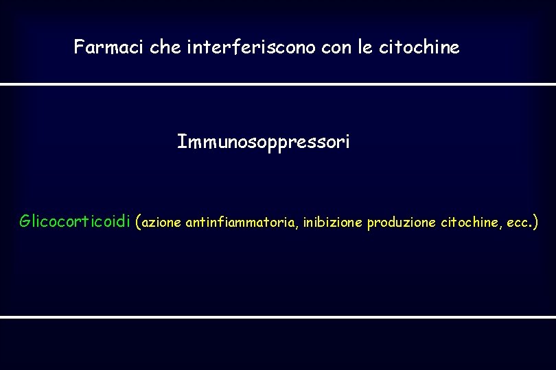 Farmaci che interferiscono con le citochine Immunosoppressori Glicocorticoidi (azione antinfiammatoria, inibizione produzione citochine, ecc.