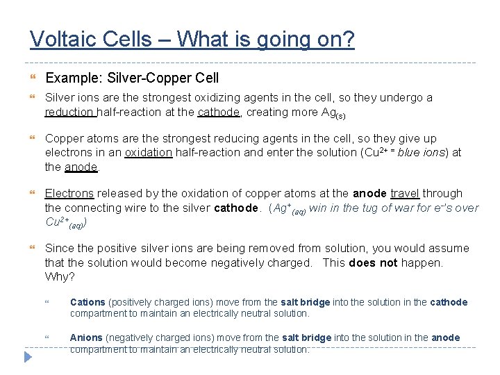Voltaic Cells – What is going on? Example: Silver-Copper Cell Silver ions are the