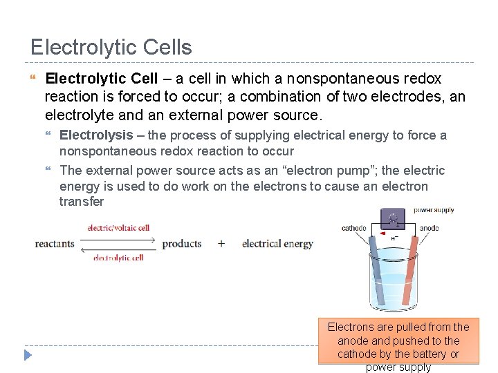 Electrolytic Cells Electrolytic Cell – a cell in which a nonspontaneous redox reaction is