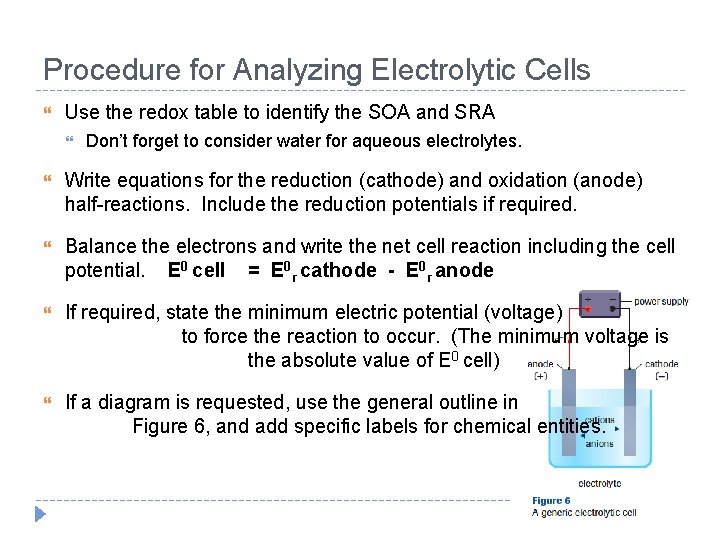 Procedure for Analyzing Electrolytic Cells Use the redox table to identify the SOA and