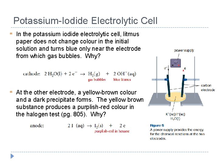 Potassium-Iodide Electrolytic Cell In the potassium iodide electrolytic cell, litmus paper does not change