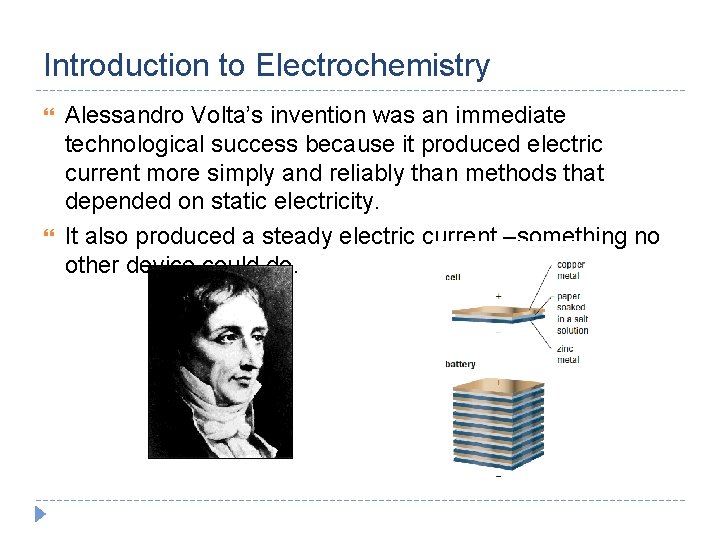 Introduction to Electrochemistry Alessandro Volta’s invention was an immediate technological success because it produced