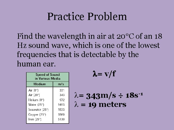 Practice Problem Find the wavelength in air at 20°C of an 18 Hz sound Practice Problem Find the wavelength in air at 20°C of an 18 Hz sound