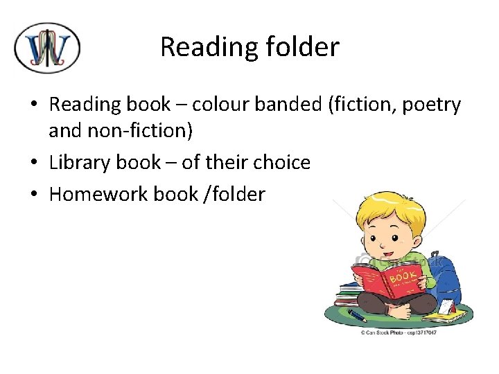 Reading folder • Reading book – colour banded (fiction, poetry and non-fiction) • Library