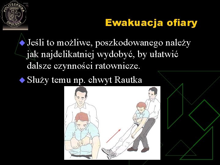 Ewakuacja ofiary u Jeśli to możliwe, poszkodowanego należy jak najdelikatniej wydobyć, by ułatwić dalsze