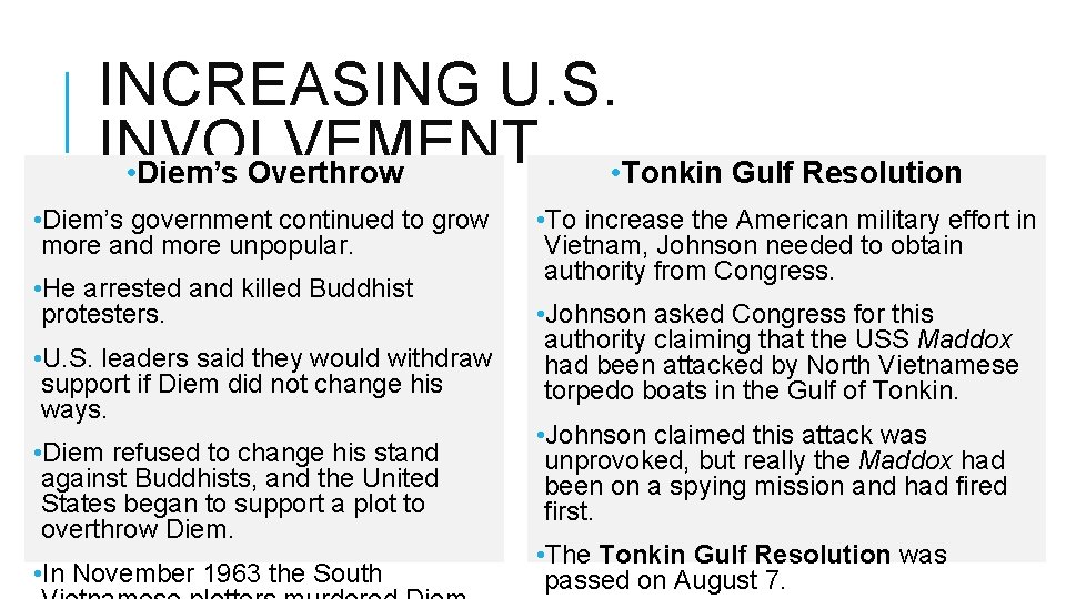 INCREASING U. S. INVOLVEMENT • Diem’s Overthrow • Tonkin Gulf Resolution • Diem’s government