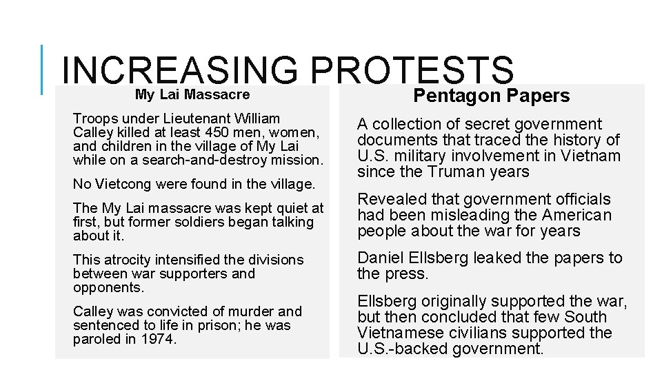 INCREASING PROTESTS Pentagon Papers My Lai Massacre Troops under Lieutenant William Calley killed at