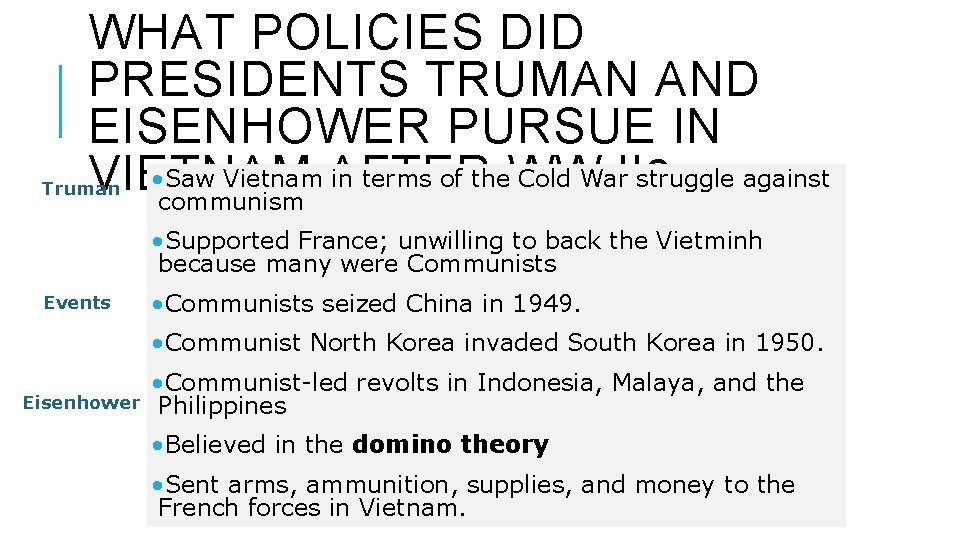 WHAT POLICIES DID PRESIDENTS TRUMAN AND EISENHOWER PURSUE IN • Saw Vietnam AFTER in