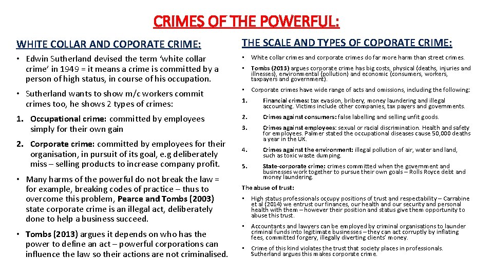 CRIMES OF THE POWERFUL: WHITE COLLAR AND COPORATE CRIME: THE SCALE AND TYPES OF