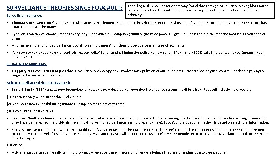 SURVELLIANCE THEORIES SINCE FOUCAULT: Synoptic surveillance: Labelling and Surveillance: Armstrong found that through surveillance,