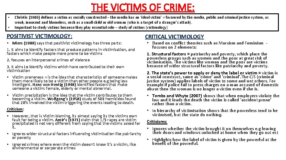 THE VICTIMS OF CRIME: • • Christie (1986) defines a victim as socially constructed