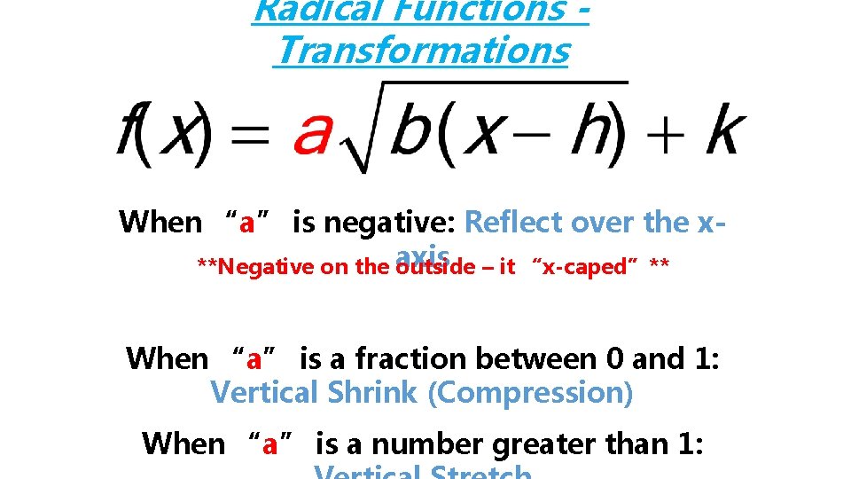 Radical Functions Transformations When “a” is negative: Reflect over the x**Negative on the axis
