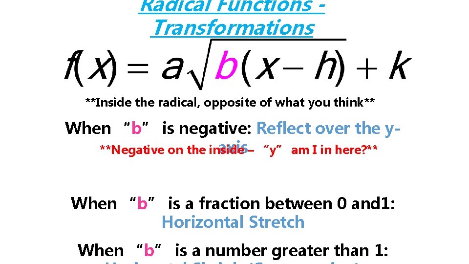 Radical Functions Transformations **Inside the radical, opposite of what you think** When “b” is