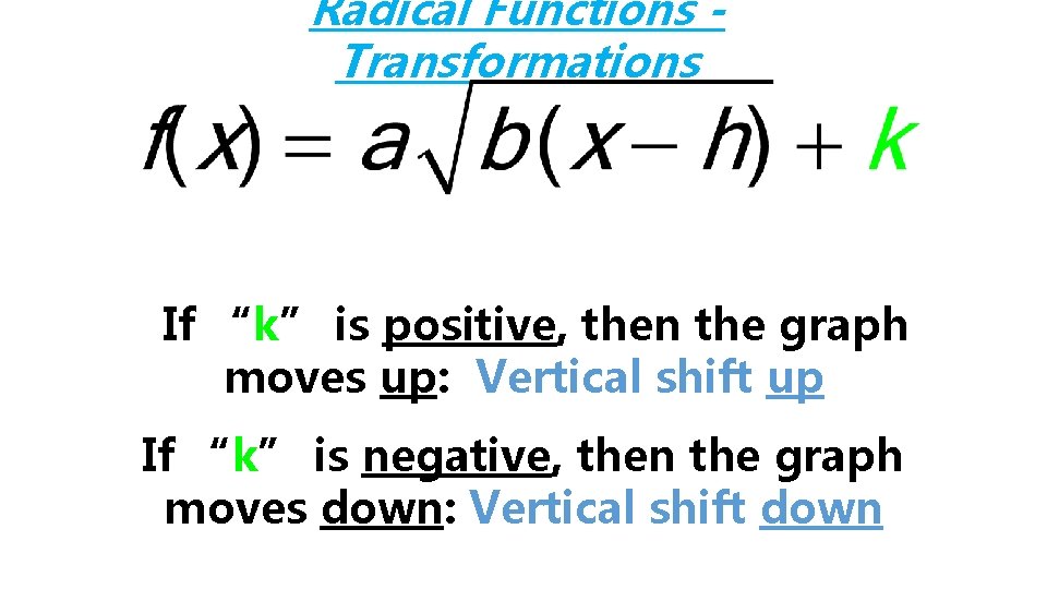 Radical Functions Transformations If “k” is positive, then the graph moves up: Vertical shift