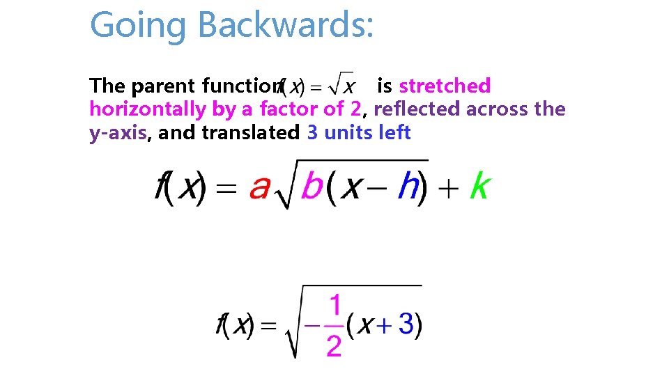 Going Backwards: The parent function is stretched horizontally by a factor of 2, reflected