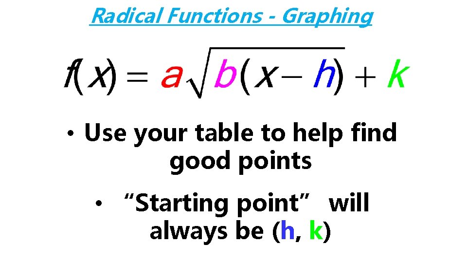 Radical Functions - Graphing • Use your table to help find good points •