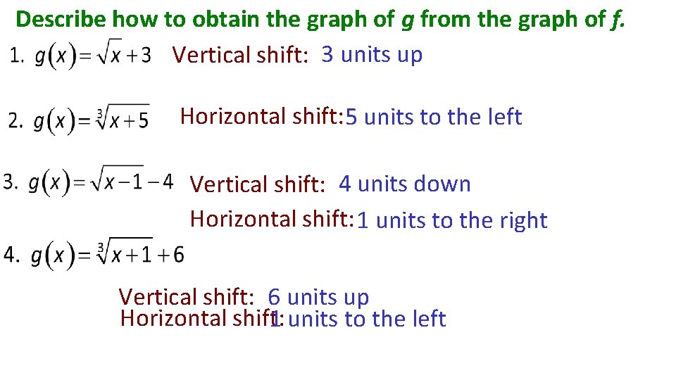 Describe how to obtain the graph of g from the graph of f. Vertical