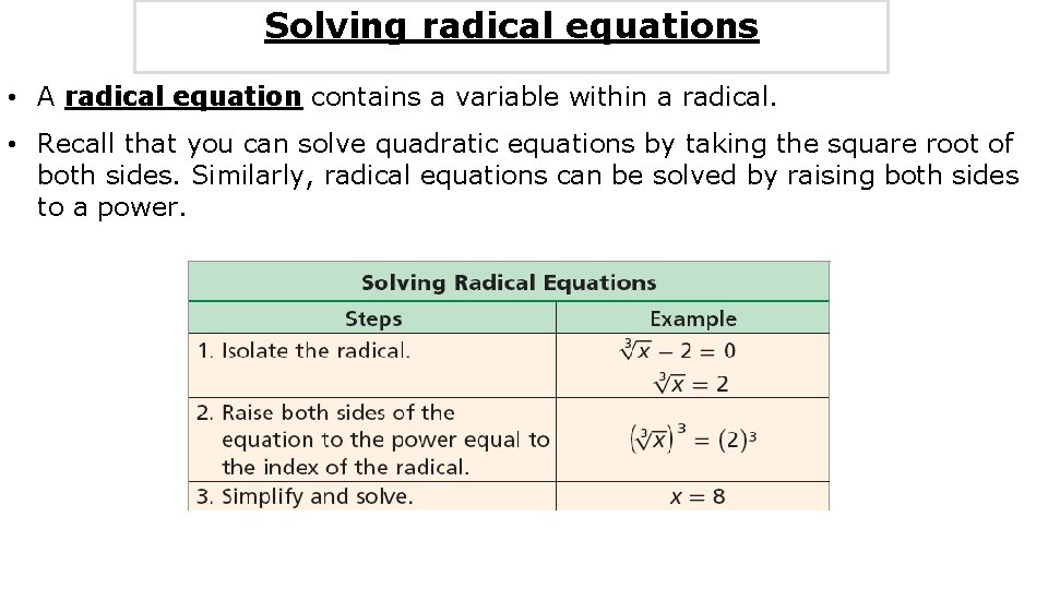 Solving radical equations • A radical equation contains a variable within a radical. •