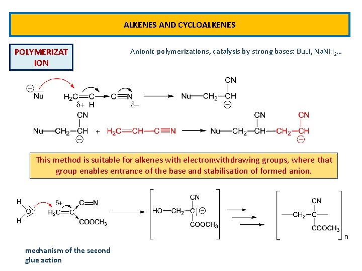 ALKENES AND CYCLOALKENES POLYMERIZAT ION Anionic polymerizations, catalysis by strong bases: Bu. Li, Na.