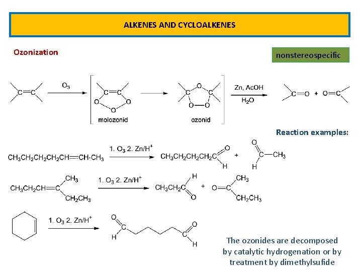 ALKENES AND CYCLOALKENES Ozonization nonstereospecific Reaction examples: The ozonides are decomposed by catalytic hydrogenation