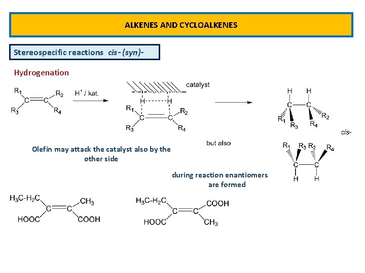 ALKENES AND CYCLOALKENES Stereospecific reactions cis- (syn)Hydrogenation Olefin may attack the catalyst also by