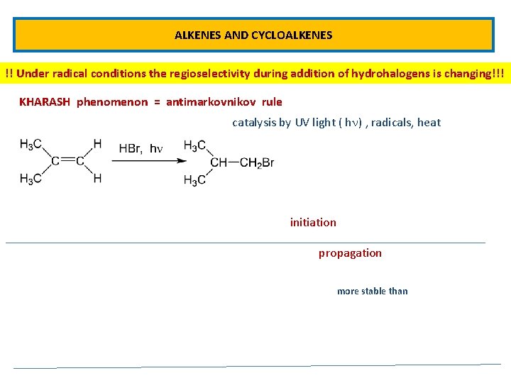ALKENES AND CYCLOALKENES !! Under radical conditions the regioselectivity during addition of hydrohalogens is