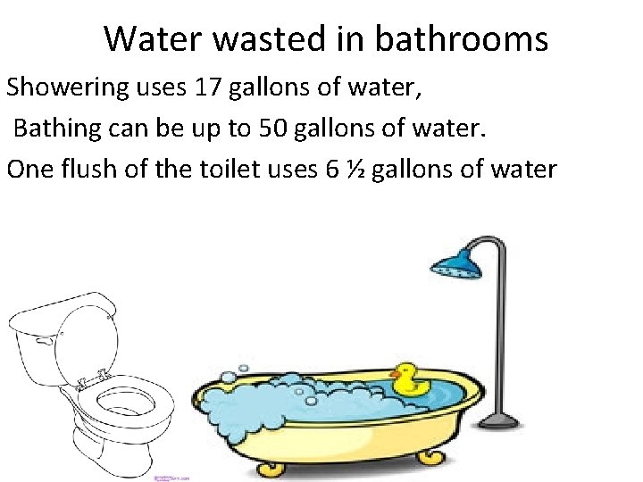 Water wasted in bathrooms Showering uses 17 gallons of water, Bathing can be up