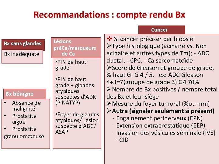 Recommandations : compte rendu Bx Cancer Bx sans glandes Bx inadéquate Bx bénigne •