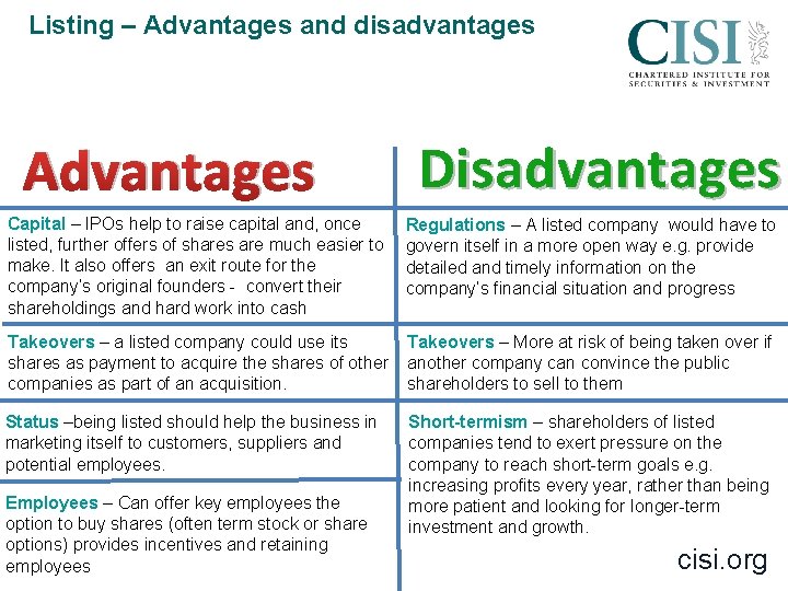 Listing – Advantages and disadvantages Advantages Disadvantages Capital – IPOs help to raise capital