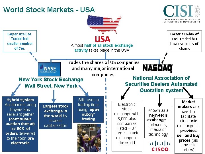World Stock Markets - USA Larger size Cos. Traded but smaller number of Cos.