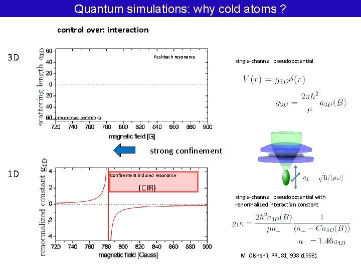 Quantum simulations: why cold atoms ? control over: interaction 3 D Feshbach resonance single-channel