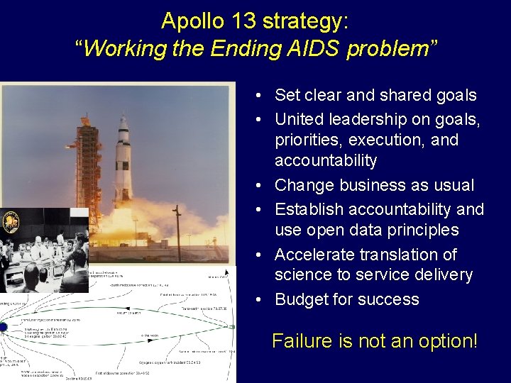 Apollo 13 strategy: “Working the Ending AIDS problem” • Set clear and shared goals
