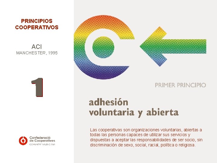 PRINCIPIOS COOPERATIVOS ACI MANCHESTER, 1995 Las cooperativas son organizaciones voluntarias, abiertas a todas las