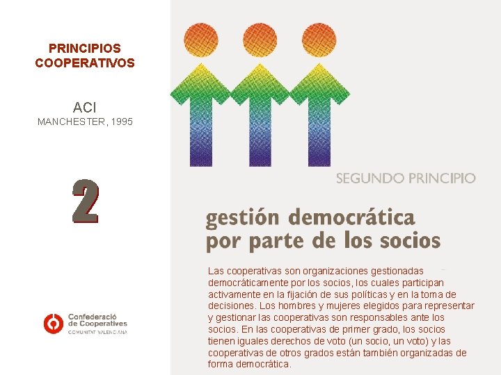 PRINCIPIOS COOPERATIVOS ACI MANCHESTER, 1995 Las cooperativas son organizaciones gestionadas democráticamente por los socios,