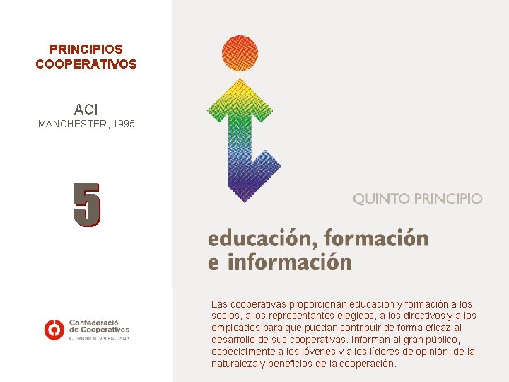 PRINCIPIOS COOPERATIVOS ACI MANCHESTER, 1995 Las cooperativas proporcionan educación y formación a los socios,