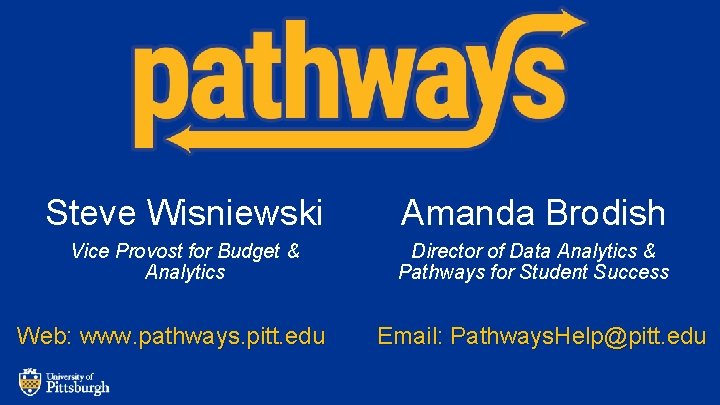 Steve Wisniewski Amanda Brodish Vice Provost for Budget & Analytics Director of Data Analytics