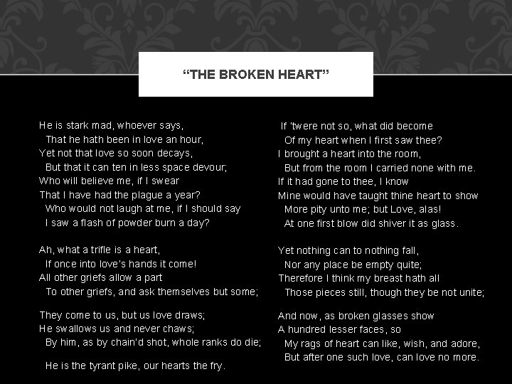 “THE BROKEN HEART” He is stark mad, whoever says, That he hath been in “THE BROKEN HEART” He is stark mad, whoever says, That he hath been in