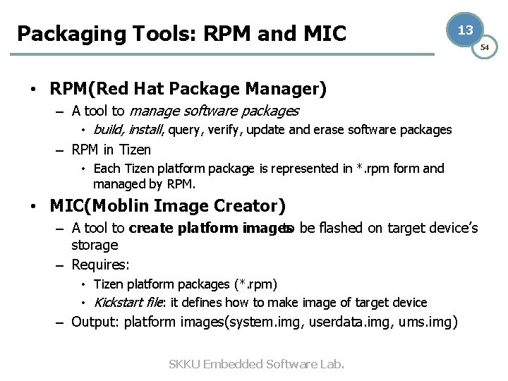 Packaging Tools: RPM and MIC 13 54 • RPM(Red Hat Package Manager) – A Packaging Tools: RPM and MIC 13 54 • RPM(Red Hat Package Manager) – A