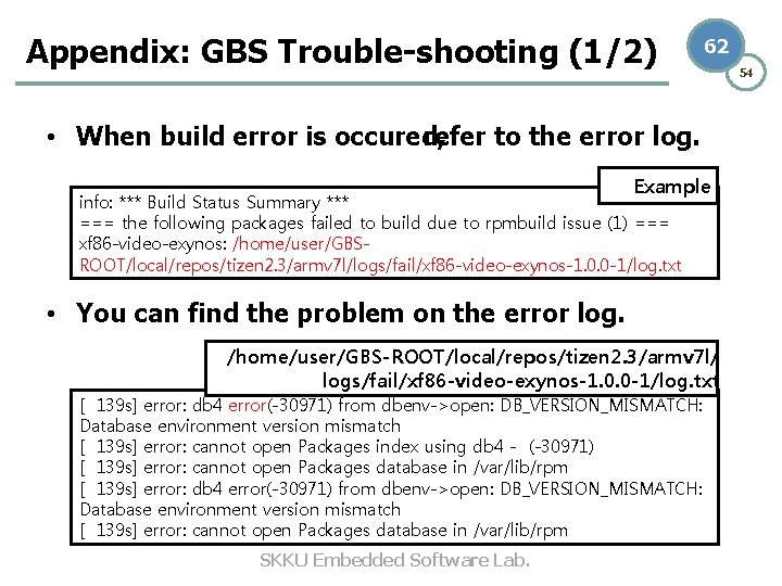 Appendix: GBS Trouble-shooting (1/2) 62 • When build error is occured, refer to the Appendix: GBS Trouble-shooting (1/2) 62 • When build error is occured, refer to the