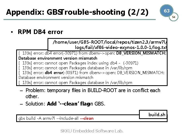 Appendix: GBSTrouble-shooting (2/2) 63 54 • RPM DB 4 error /home/user/GBS-ROOT/local/repos/tizen 2. 3/armv 7 Appendix: GBSTrouble-shooting (2/2) 63 54 • RPM DB 4 error /home/user/GBS-ROOT/local/repos/tizen 2. 3/armv 7