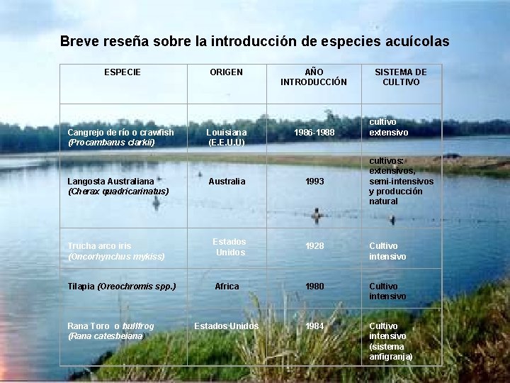 Breve reseña sobre la introducción de especies acuícolas ESPECIE ORIGEN AÑO INTRODUCCIÓN Cangrejo de