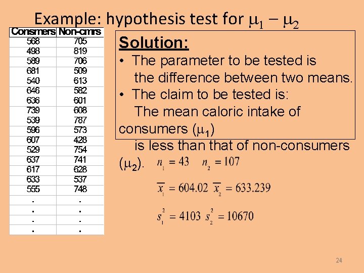 Example: hypothesis test for m 1 – m 2 Solution: • The parameter to