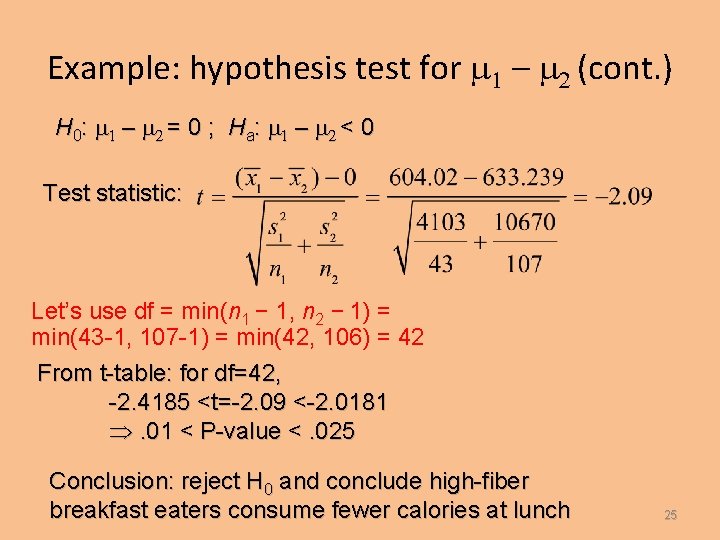 Example: hypothesis test for m 1 – m 2 (cont. ) H 0: m