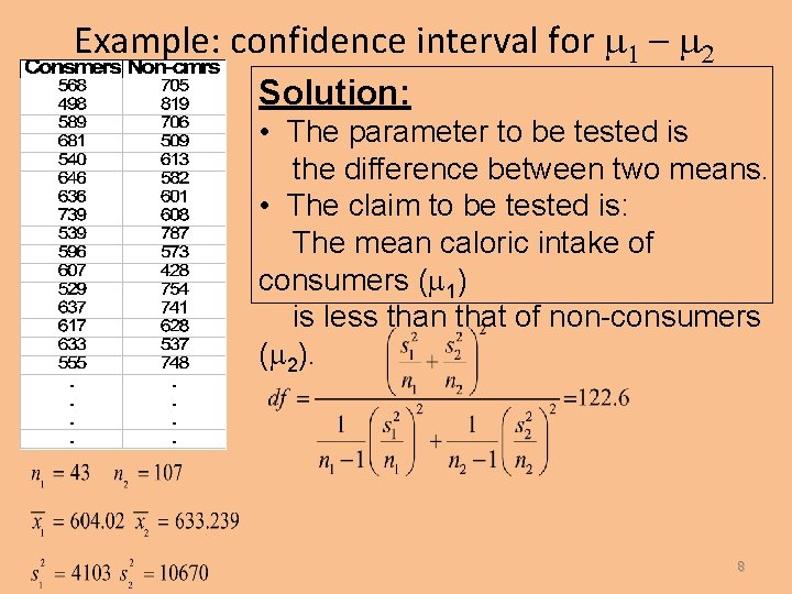 Example: confidence interval for m 1 – m 2 Solution: • The parameter to