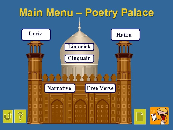 Main Menu – Poetry Palace Lyric Haiku Limerick Cinquain Narrative Free Verse 