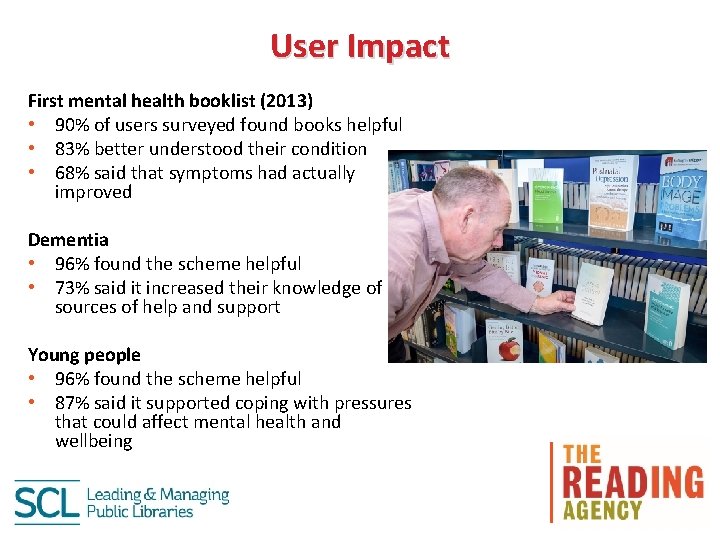User Impact First mental health booklist (2013) • 90% of users surveyed found books