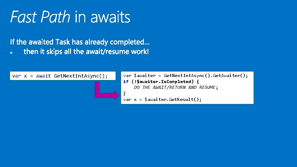 var x = await Get. Next. Int. Async(); var $awaiter = Get. Next. Int. var x = await Get. Next. Int. Async(); var $awaiter = Get. Next. Int.